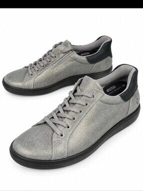 Ecco Silver Pewter GRAY Suede Leather New Black Womens Sneakers Shoes 40 9 1/2